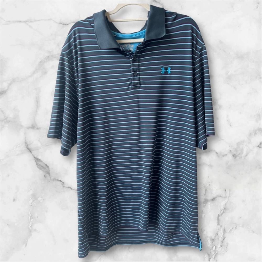 Under Armour Navy and Light Blue Striped Polo | 2XL